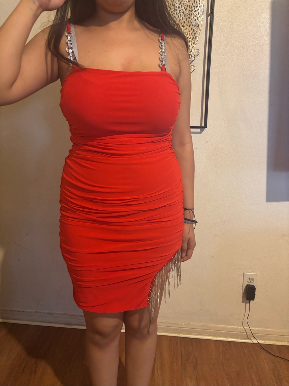 Fashion Nova Red Ruched Chain-Trim Mini Dress